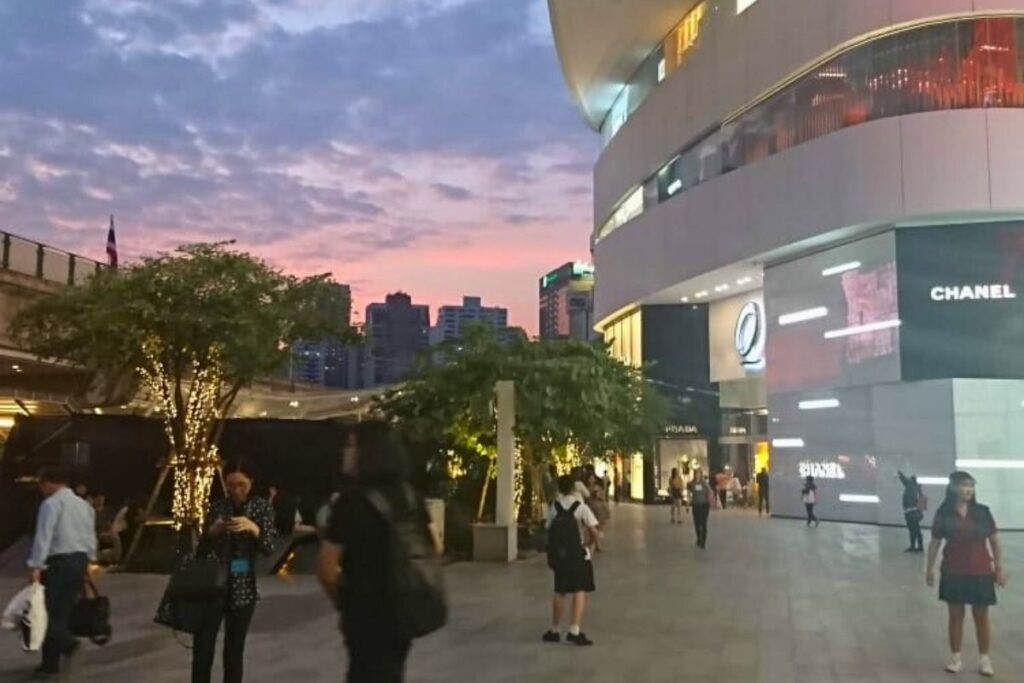 EmQuartier Bangkok outdoor shopping walkway at sunset