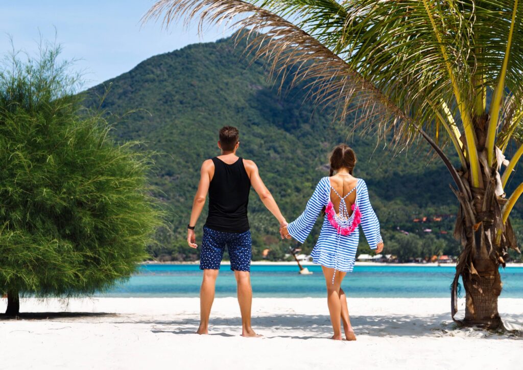 portrait pretty romantic couple having- un tropical islands
