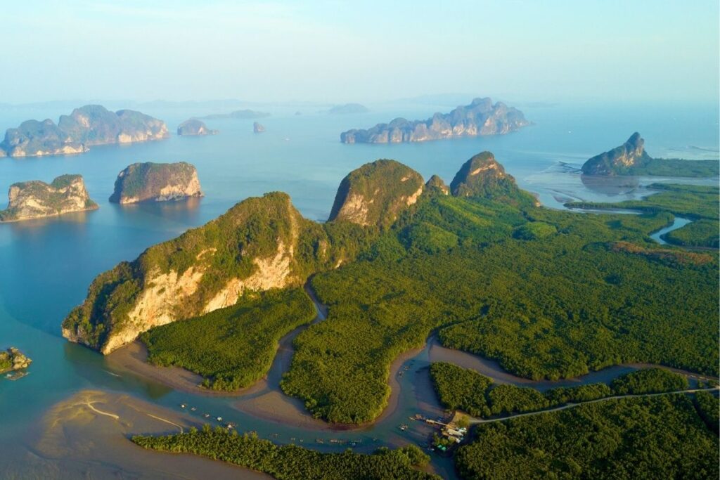 Aerial view of dramatic karst islands and mangrove forests in Phang Nga Bay, Thailand